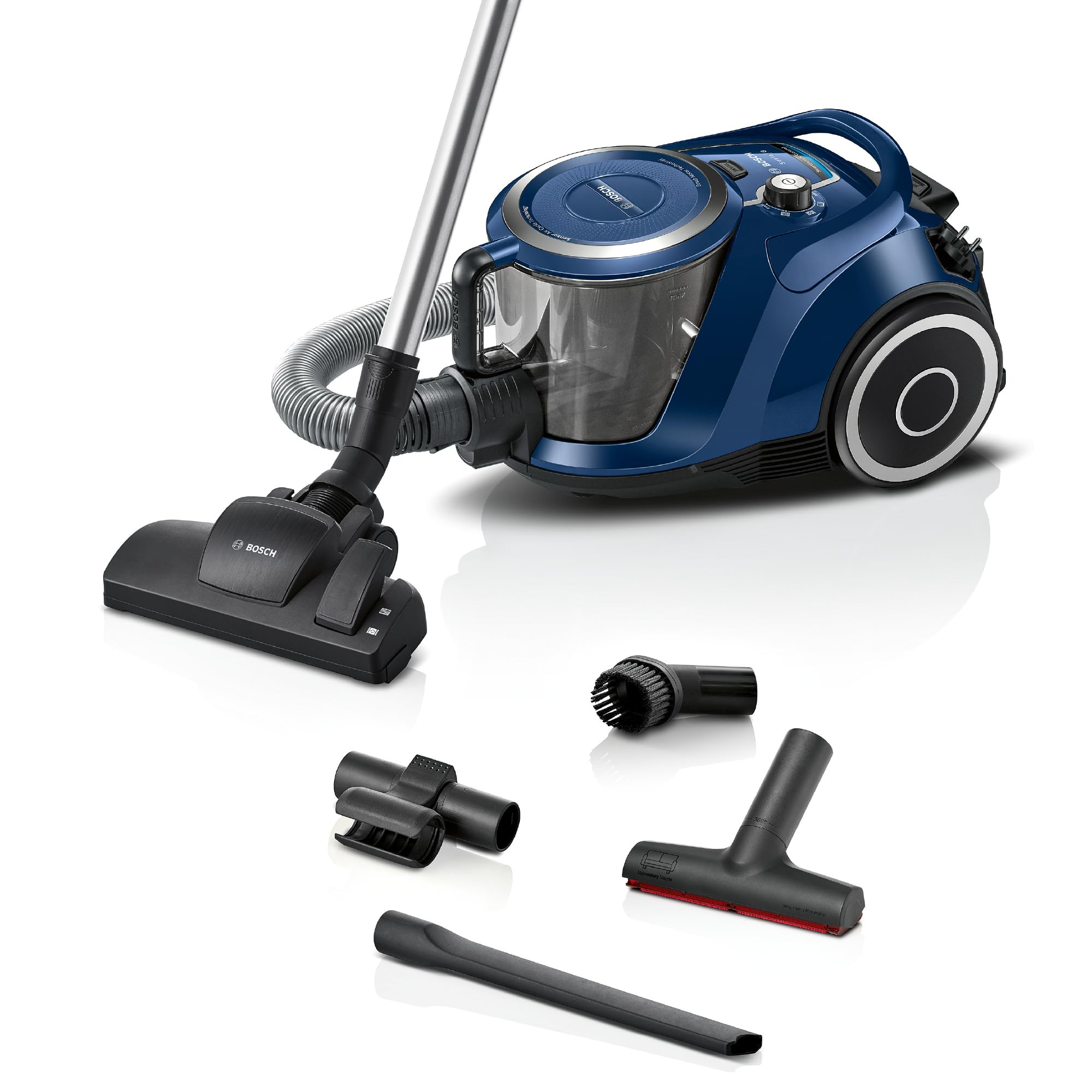 Bosch Staubsauger beutellos Serie 6 BGC41XECO, ideal für Allergiker, Hygiene-Filter, 10 Jahre Motorgarantie, XXL-Polsterdüse & Fugendüse, Möbelpinsel, hohe Saugkraft, leise, langes Kabel, 650 W, blau