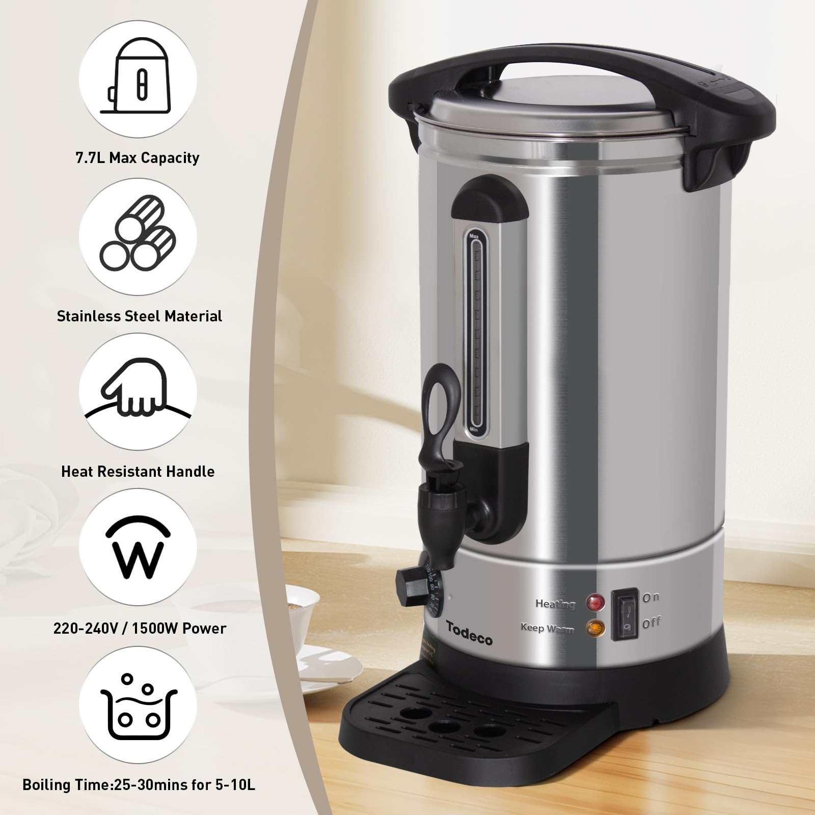 Todeco Bollitore per Vin Brulé 7,7 L, Macchina per Bevande Calde in Acciaio Inox 1500 W con Rubinetto, Vaschetta di Raccolta, Termostato 30–110 °C, per Vin Brulé, Tè, Caffè