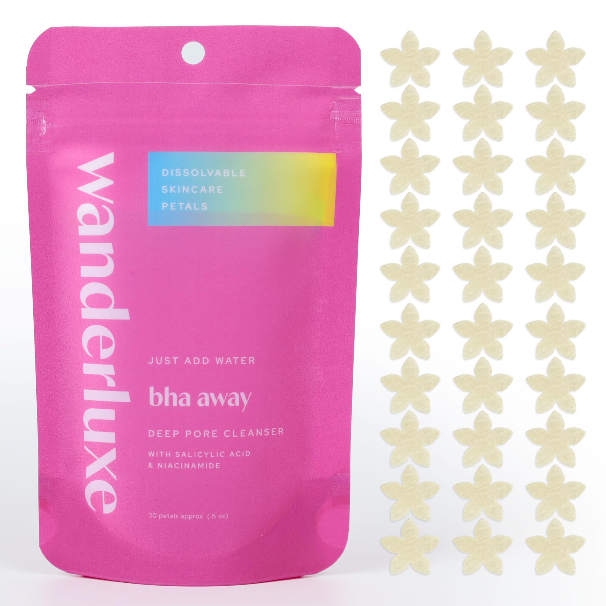 Wanderluxe Deep Pore Cleanser, Dissolvable Skincare Petals, Skin Care Set for Travel, BHA Away Cleanser Petals with Salicylic Acid