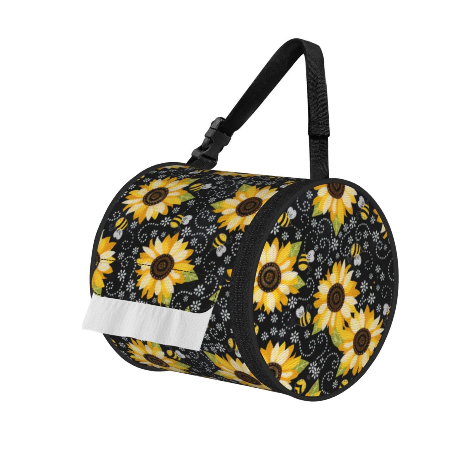 Sunflower Bees Printed Hanging Tissue Organizer, Smooth Zipper Oxford Cloth Roll Holder for RV Bathroom Desk