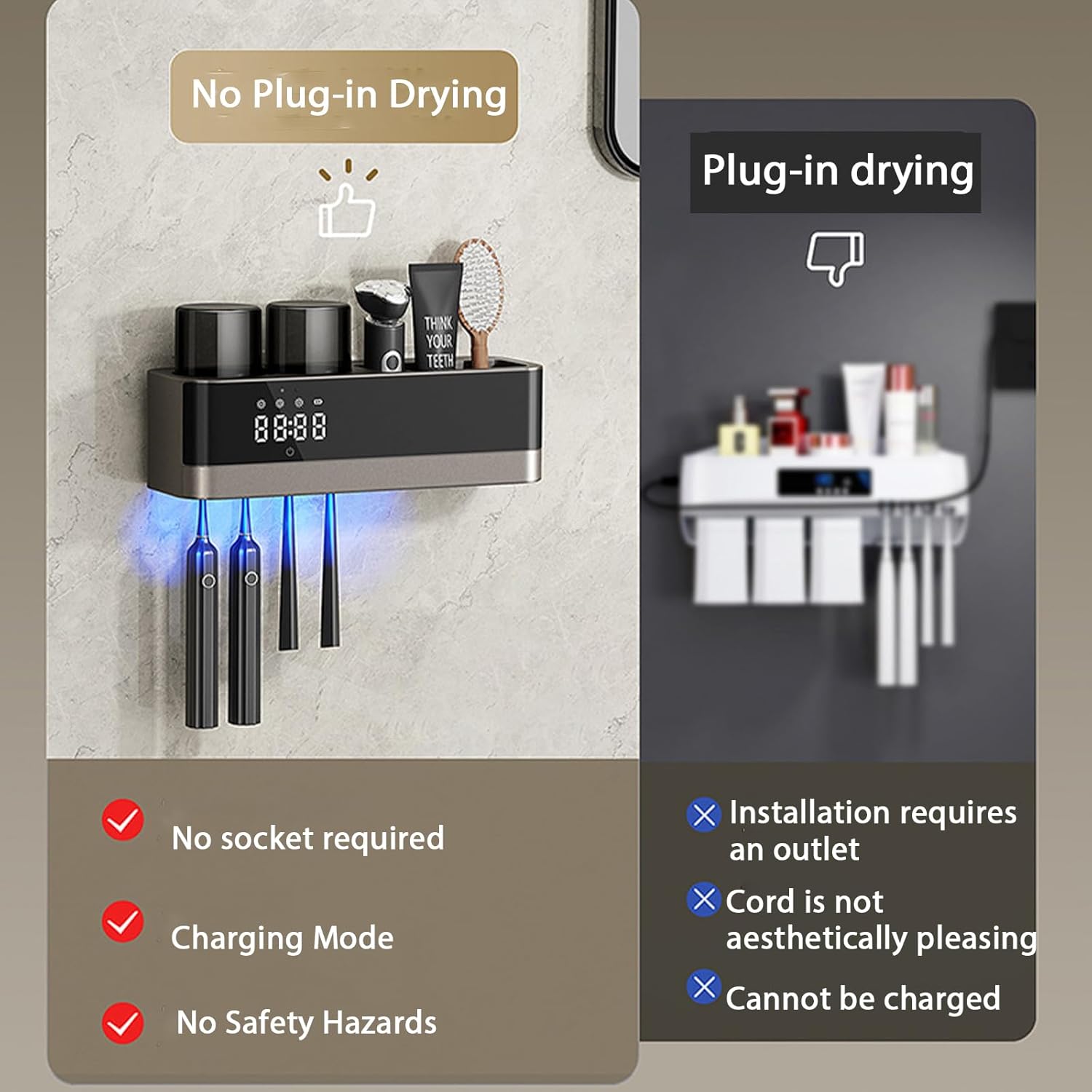 Toothbrush Holders for Bathrooms,2 Cup Rechargeable Electric Toothbrush Holder with Storage,Smart Cleaning and Wireless Hot Air Drying, 4 Slots Wall Mounted Toothbrush Holder Bathroom Decor (Black)