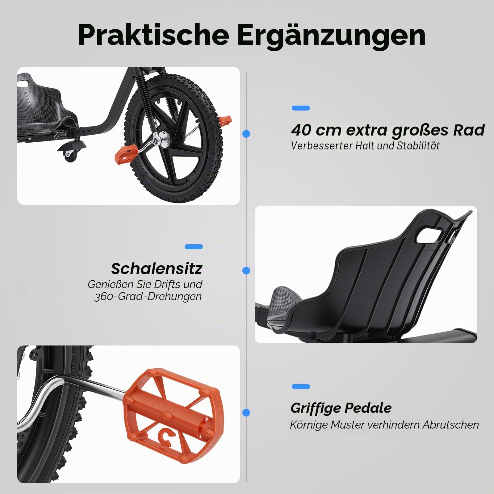 Drift-Trike mit Pedalantrieb, Go-Kart belastbar bis 80 kg, Jugend-Trike 4-Gang, Fahrzeug Funfahrzeug mit Stabiler Dreirad-Konstruktion, Rutscherfahrzeug kippsicheres Design, für Kinder, Outdoor