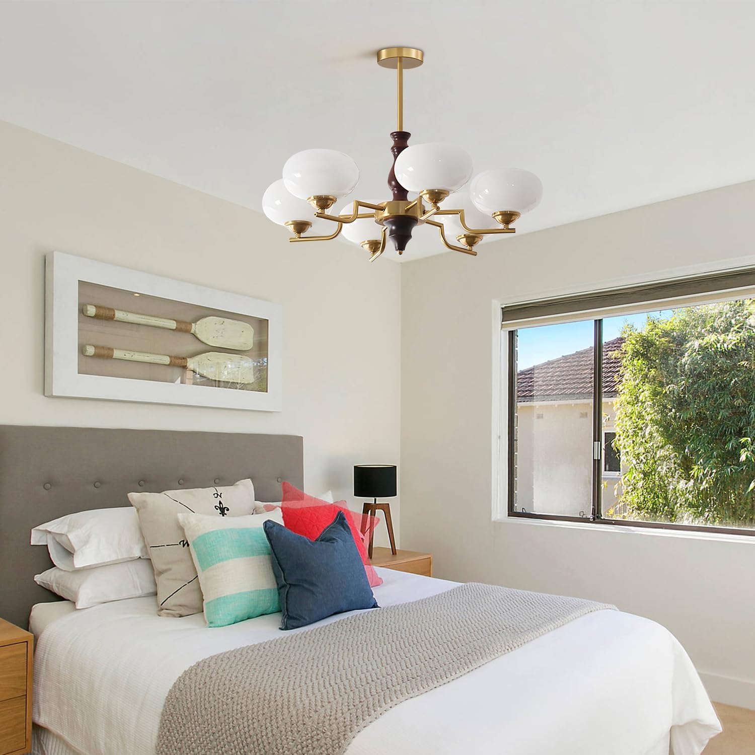 6 Light Modern Farmhouse Chandelier Vintage Milk Glass Chandeliers Mid Century Sputnik Ceiling Light White and Gold Chandelier for Bedroom Kitchen
