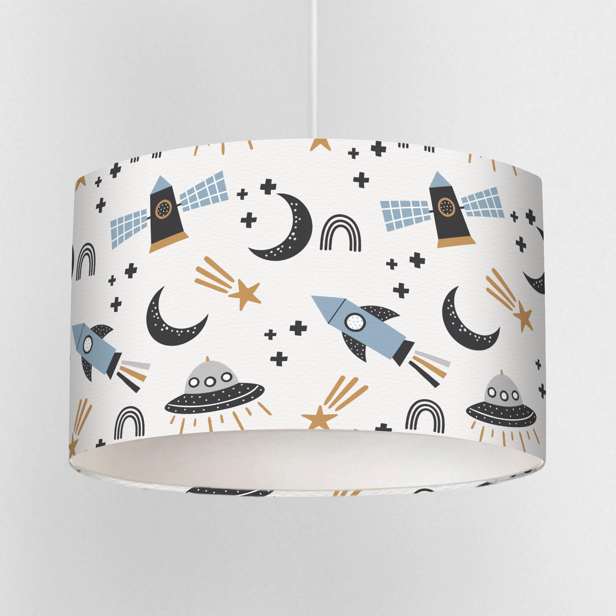 Scandi Space Lampshade for Kids Bedroom – Neutral Rocket and Moon Design, Children’s Ceiling Light Shade or Table Lamp, 20cm 30cm 40cm Drum