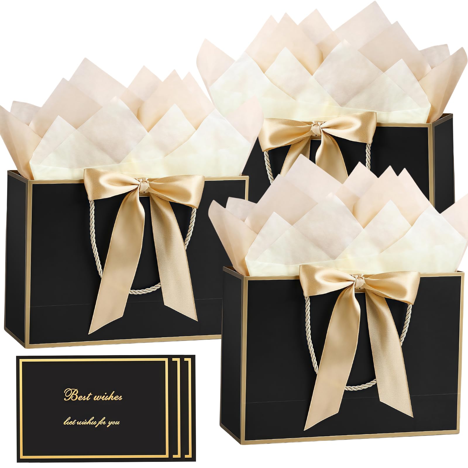 Gift Bags with Handles, 3 Packs Medium Paper Present Bags, Includes 6 Tissue Paper and 3 Greeting Cards for Kids Adult Men Women's Birthday, Wedding, Valentines, Bridesmaid Party (Black Gold - 3pcs)
