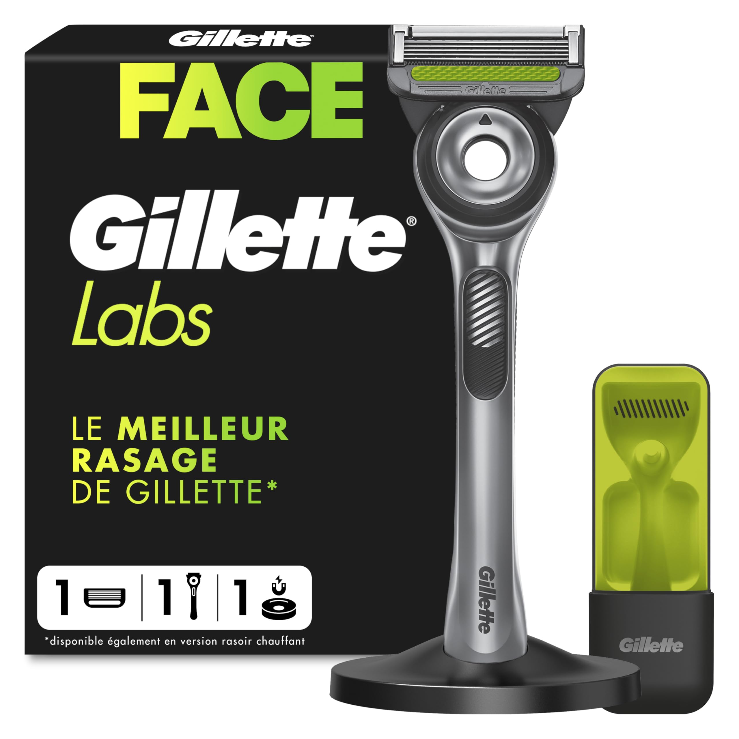 Gillette Labs Rasoir Homme, avec 1 Recharge, Noir | Manche Réutilisable en Métal, Cartouche de Rechange à Lames Affutées, Tête Flexible, Rasage Efficace, Socle Magnétique