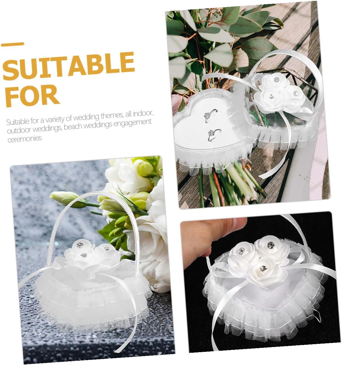 BESPORTBLE 2pcs Heart Shaped Wedding Ring Pillow with Lace Flowers and Rhinestones Decorative Ring Bearer Pillow Case for Wedding Ceremony and Engagement for Bridal Party