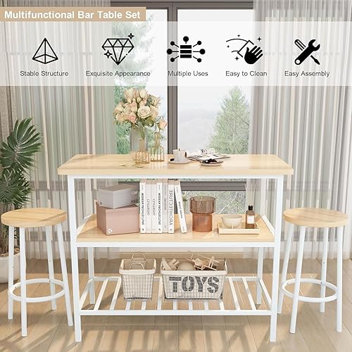 Miniatura 7 de AWQM Mesa de isla con asiento y almacenamiento, beige, 3 estantes, mesa de madera con altura de encimera, juego de mesa de bar de 2 piezas para