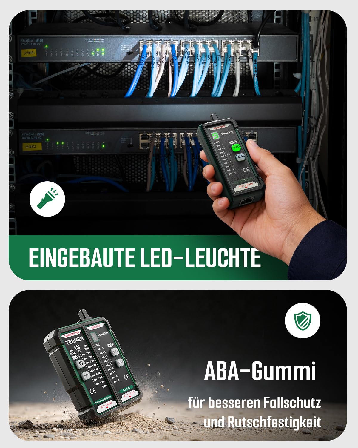 TESMEN TLP-528C Netzwerkkabeltester, RJ11/RJ45, Kabelsuchgerät mit Toner für CAT5/CAT6, Durchgangs- & QC, LAN- & Telefonfinder, ideal für Kabelwartung und -sortierung – Grün
