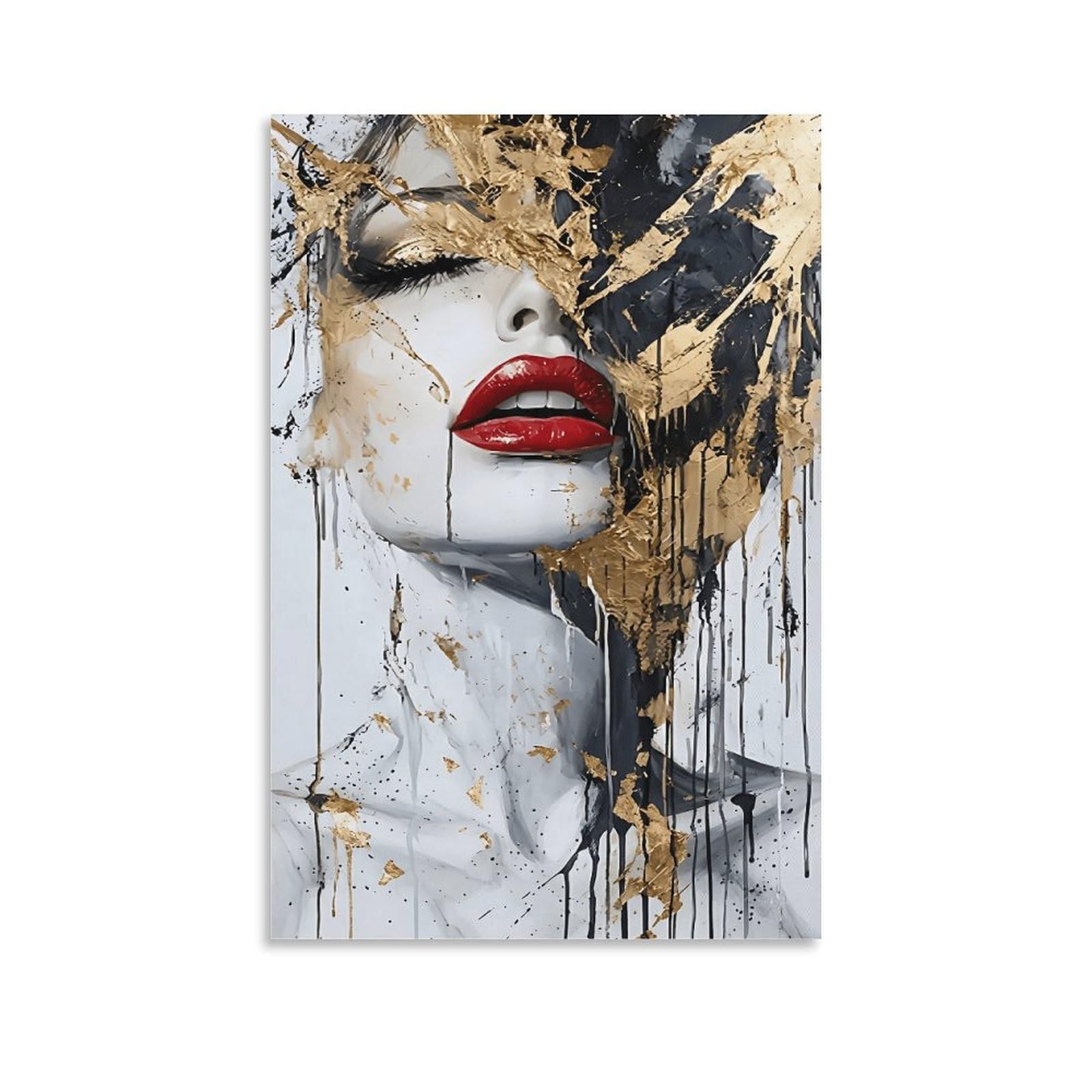 XPASHIQWC Gilded Lips Portrait Wall Decor Poster Black & Gold Art Canvas Prints Picture Modern Wall Art Picture Wall Hanging for Office Gym Living Room Decor 20x30inch(50x75cm)