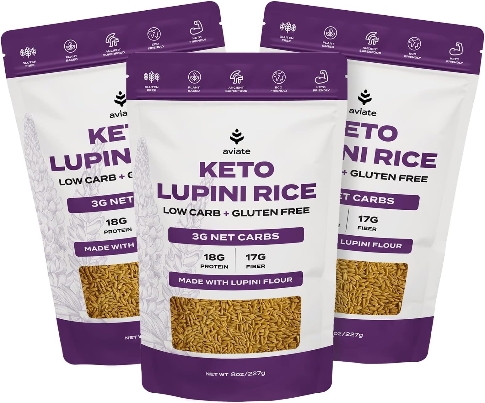 Aviate Keto Rice Orzo - Low Carb (3g Net) Lupini Rice/Pasta, High Protein (18g), Gluten-Free, Made with Lupin Flour, Plant Based Vegan, Keto-friendly - Slim Orzo Pasta (8oz) (Pack of 3)