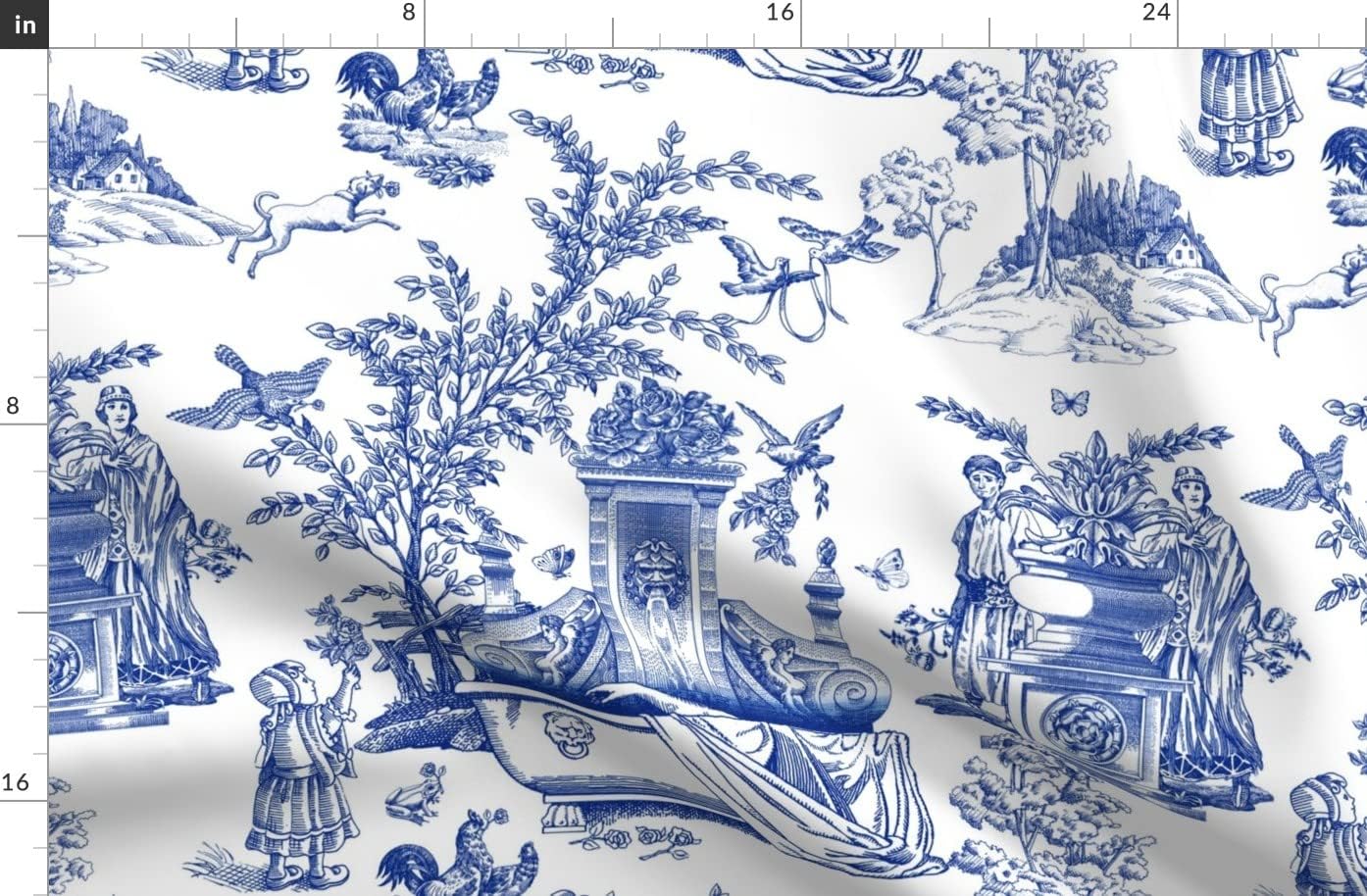 Spoonflower Fabric - Indigo Blue White Floral Toile Roses Classical Printed on Organic Cotton Sateen Fabric by The Yard - Sewing Quilting Apparel Home Decor