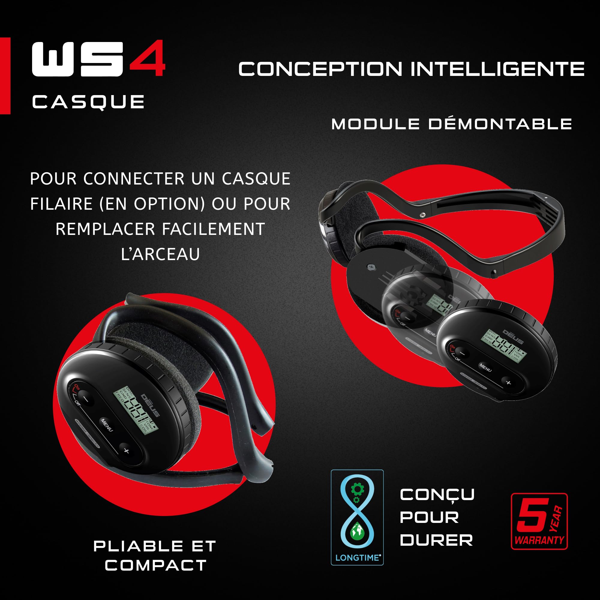Casque sans-fil XP METAL DETECTORS WS4 pour détecteur de métaux Deus, imperméable, pliable, léger avec module détachable