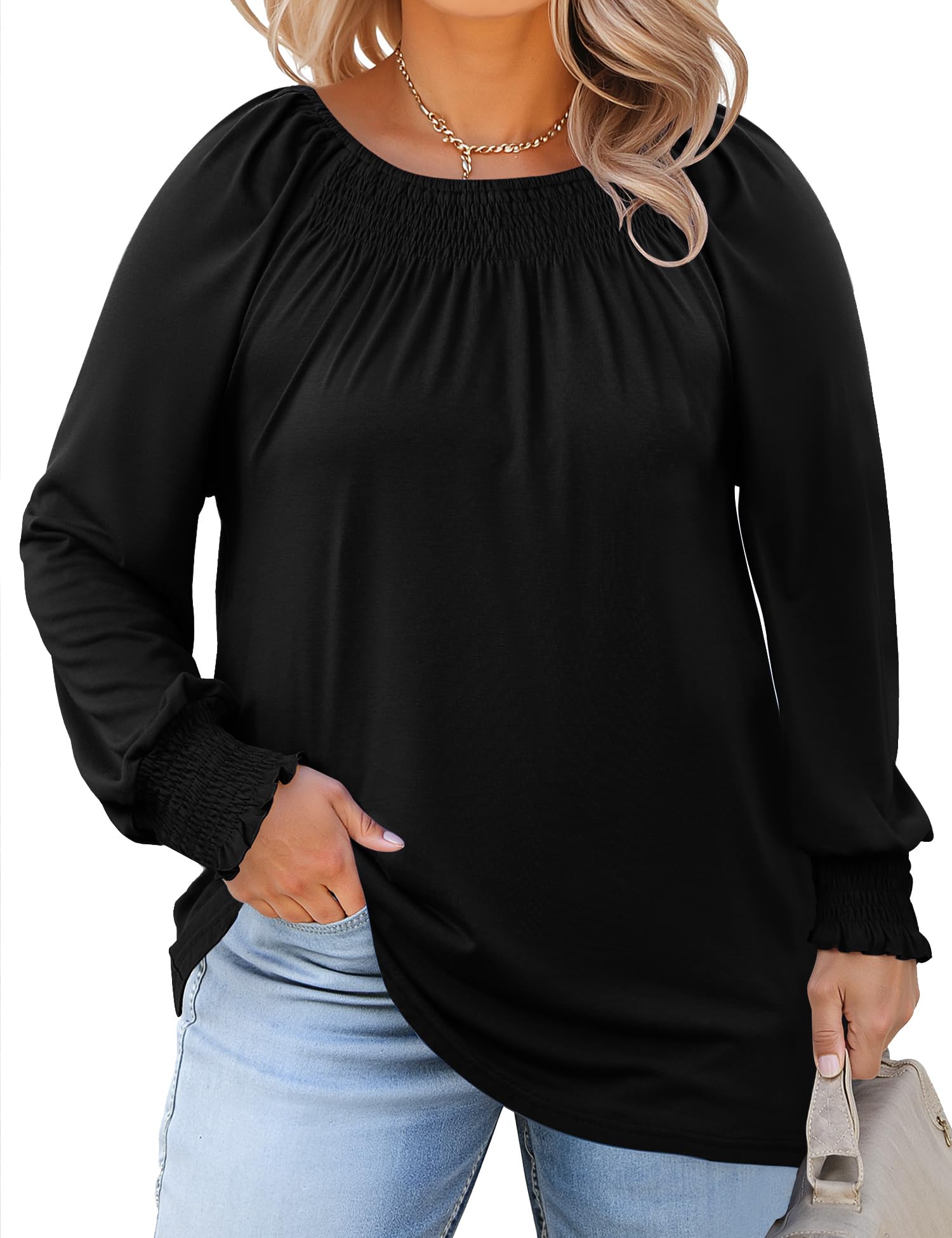 Micoson Blusas plisadas de manga larga con cuello redondo para mujer, tallas grandes, elegantes, informales, a la moda (1X-5X)