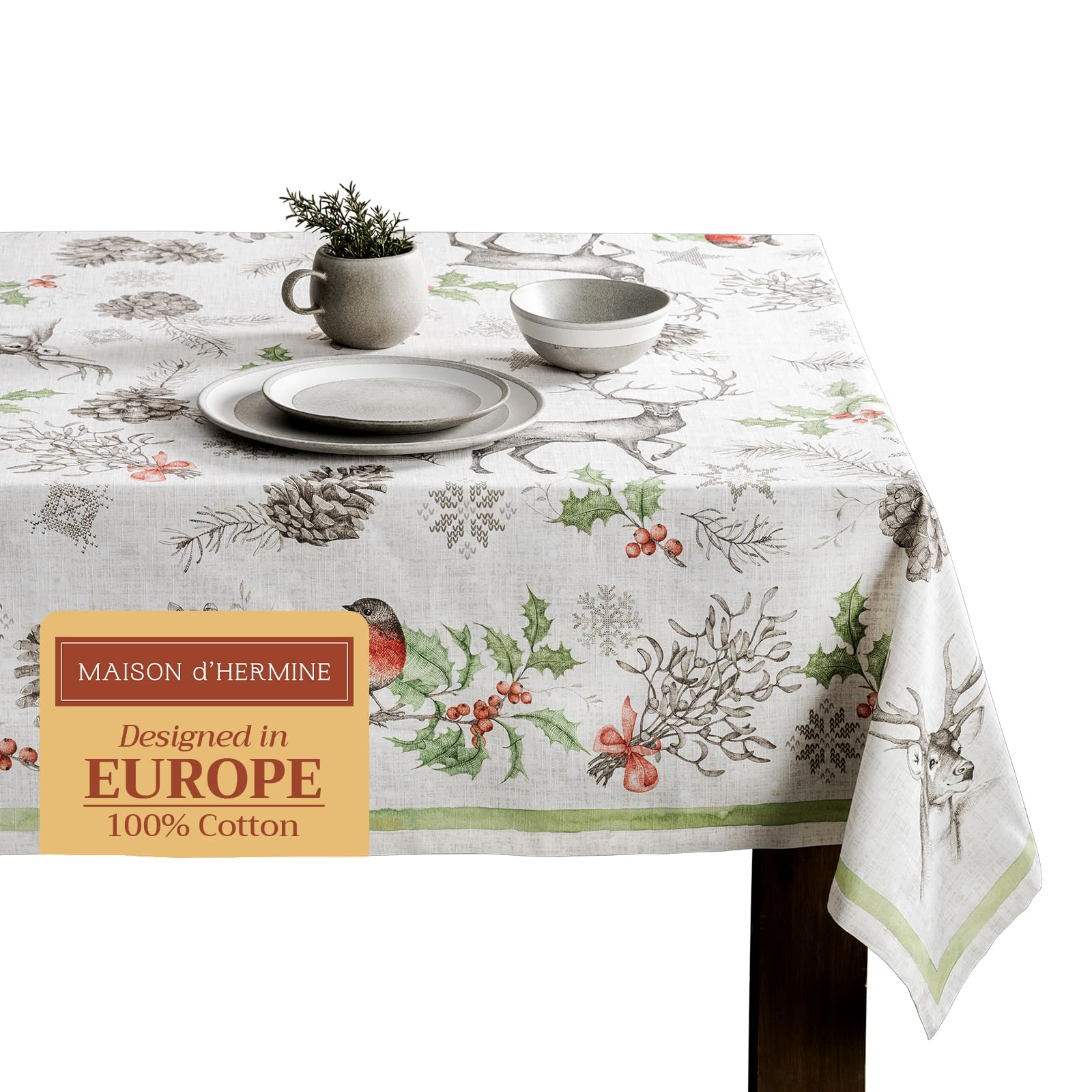 Maison d'Hermine Tischdecke Rechteckig 100% Baumwolle 220 cm x 160 cm Wiederverwendbar Alltagsgebrauch für Weihnachtsdekorationen Esszimmer Landhaus Zuhause Party Festlich (Christmas Dew)