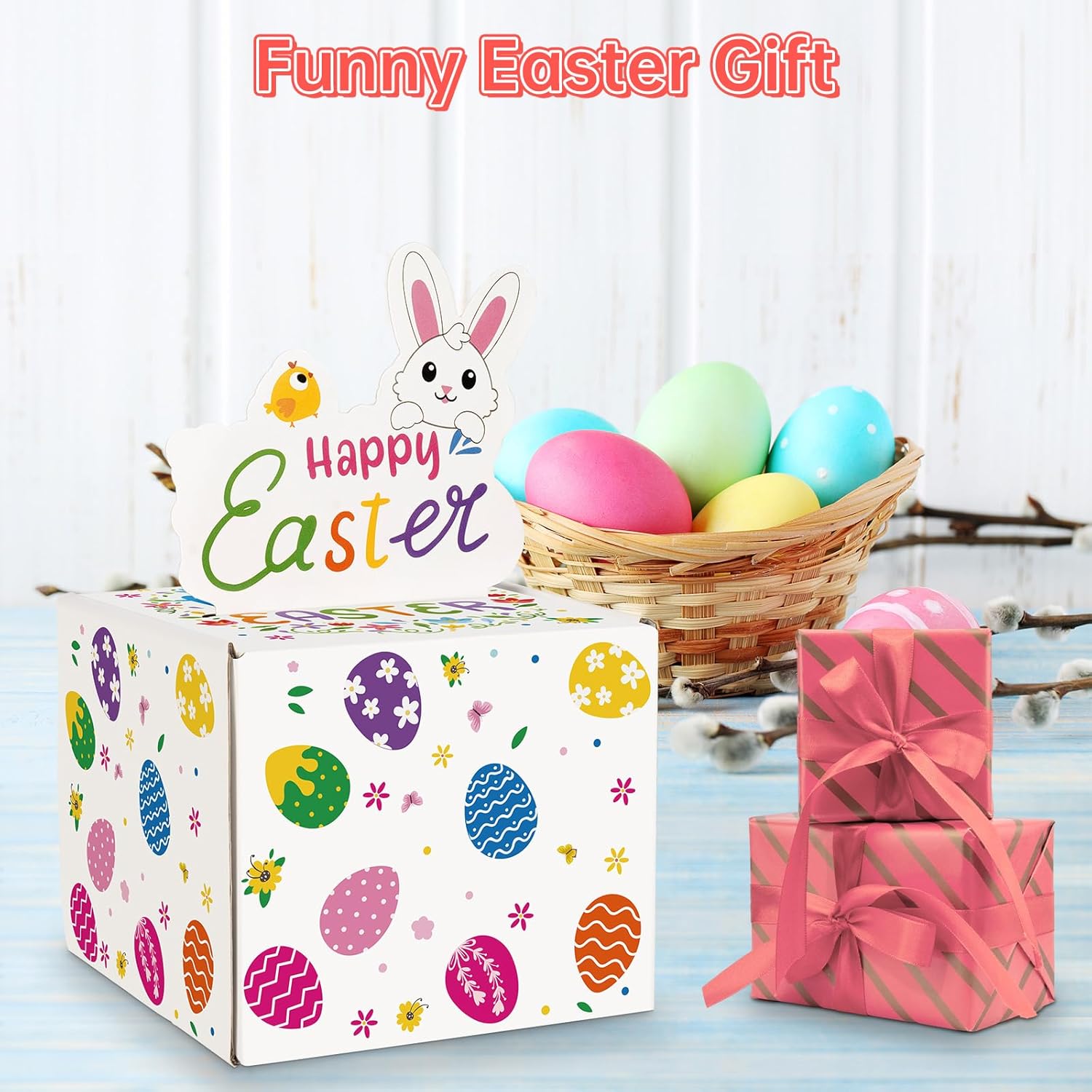 Easter Money Pull Box for Cash Gift - Happy Easter Surprise Money Holder Gifts for Kids Adults, DIY Funny Spring Holiday Cash Boxes with 100 Pcs Transparent Bags for Women Men Girls Boys Friends