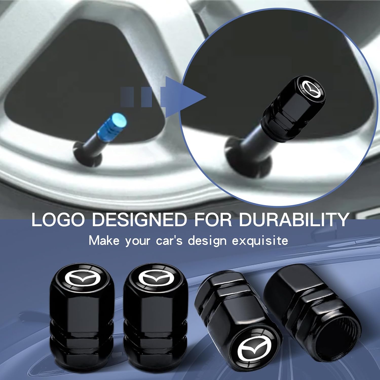 5pcs Car Key Chain whth tire Valve Stem Caps for Mazda M2 M3 M5 M6 MX5 RX7 RX8 A8 CX9 MX6 R3 CX-5 CX-7 CX-8, Car Key Fob Car Dust Caps Combo Set, Key Chain Keyring Accessories-MZD-Black