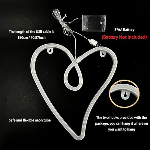 Miniatura 7 de ENUOLI Letreros de neón de corazón de amor, luz de pared para dormitorio, luces de neón rosas que funcionan con bateríasUSB, lámpara retro para San
