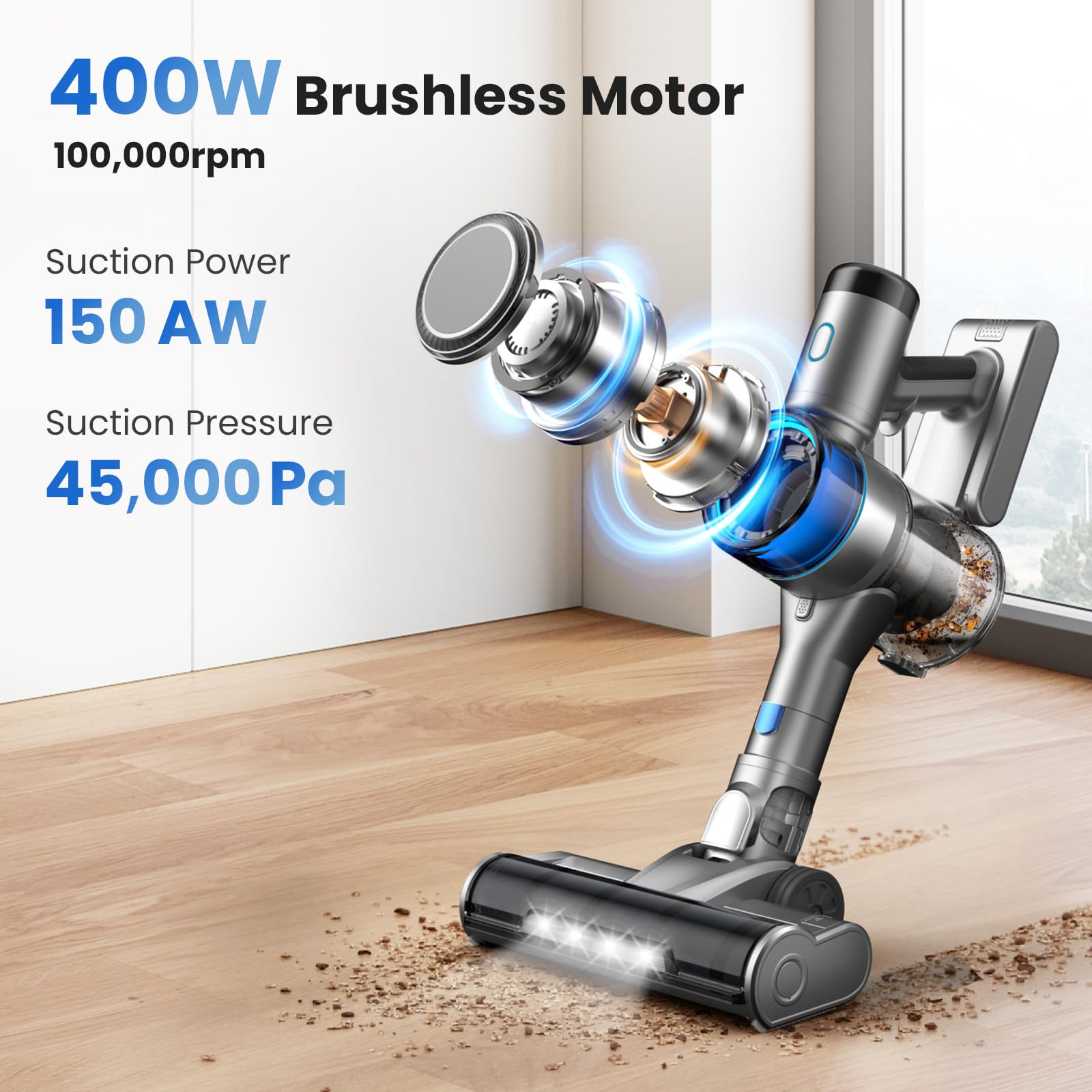 Aspirador inalámbrico de escoba, 400 W, 45 KPa, aspirador inalámbrico potente, 55 minutos. Autonomía, cepillo antienredado, batería extraíble, aspiradora sin bolsa con LED Pantalla para alfombras de
