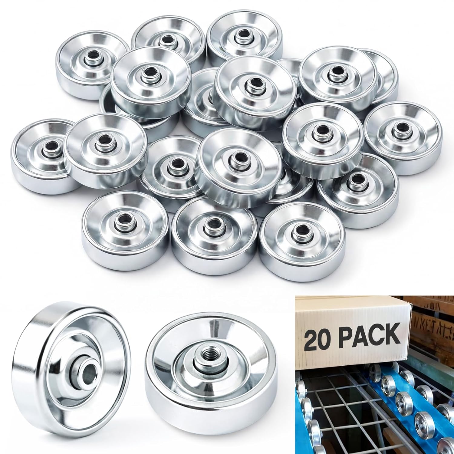 Lounsweer 50 Pcs Metal Conveyor Skate Wheels Replacement Skate Wheels for Flow Rail Galvanized Zinc Plated Steel for Simple Gravity Rollers or Side Guides Accessories, 0.16 lb