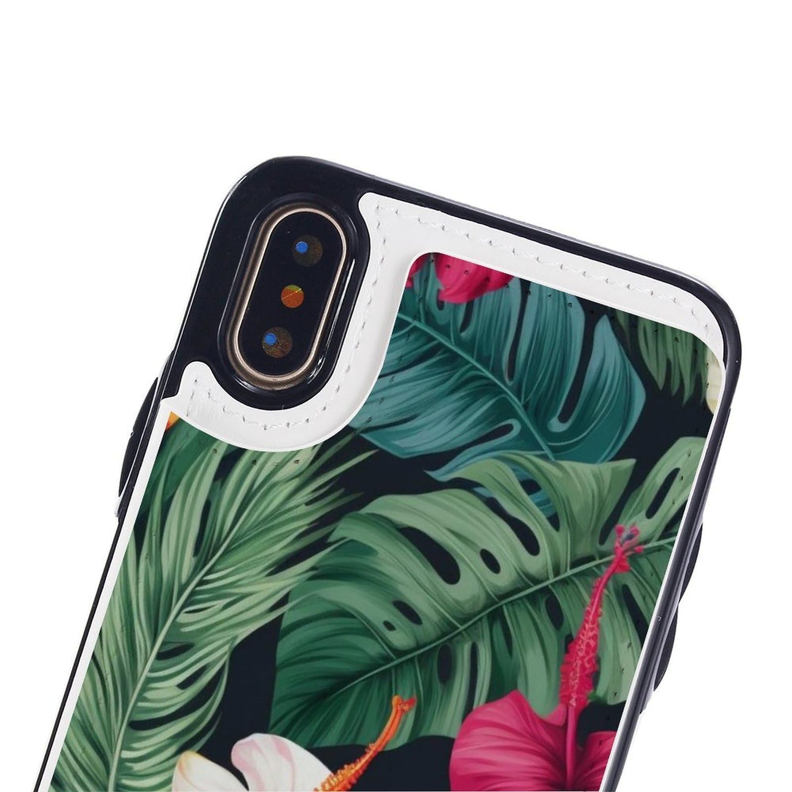 Etui portfelowe na iPhone'a X/XS, Hojas Tropicales Y Flores nadruki skórzane etui na telefon z klapką z przegródkami na karty