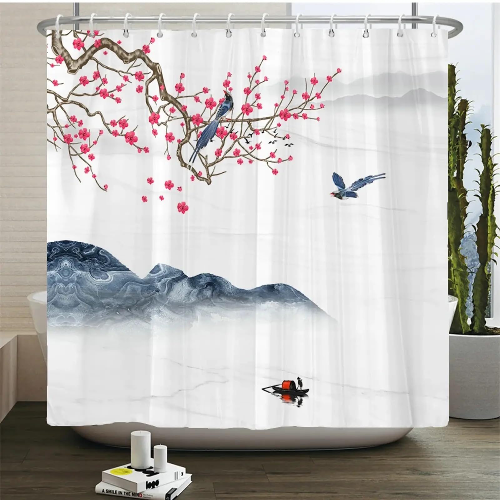 Rideau de douche fleurs et oiseaux en tissu imprimé avec crochets 137x182cm