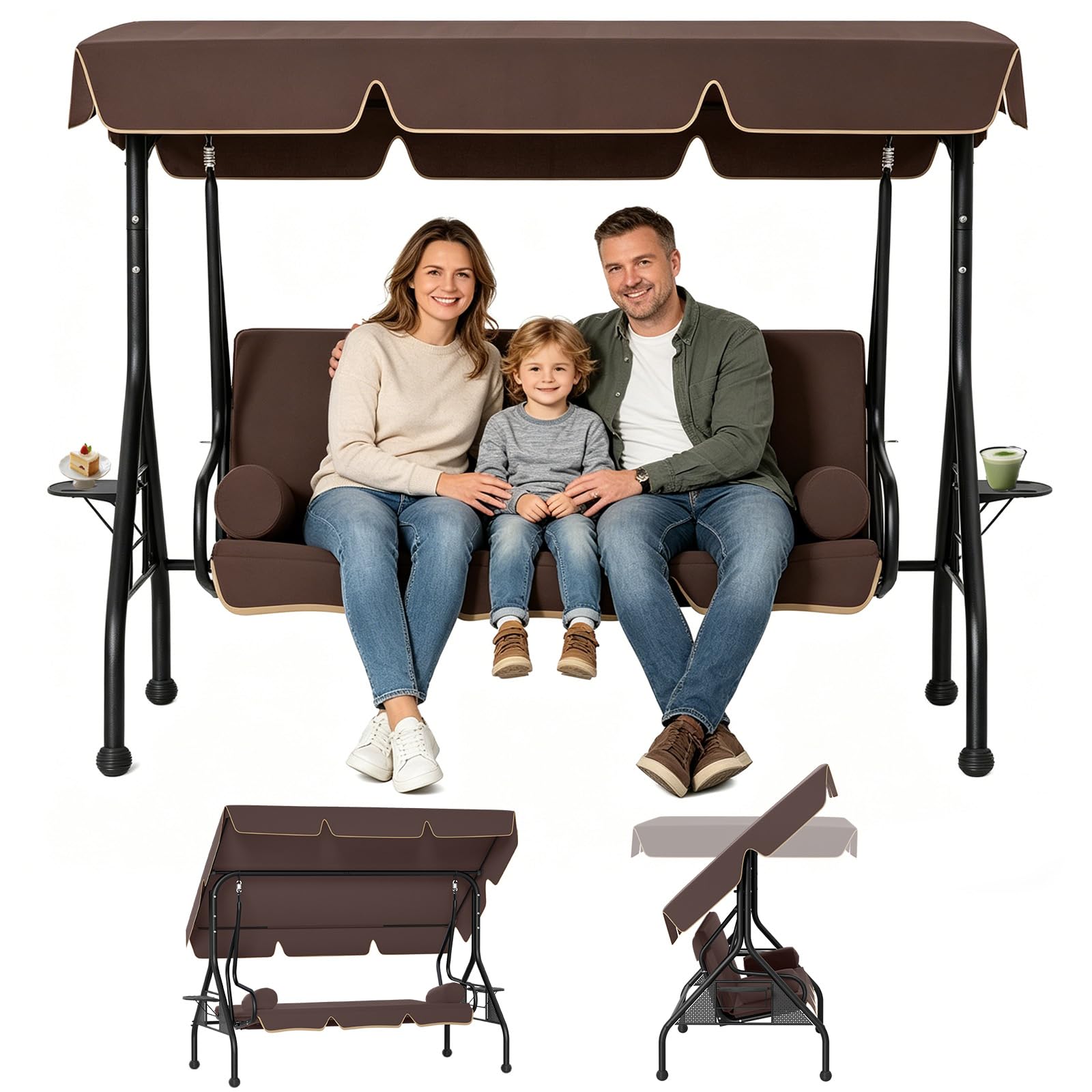 LZQ Hollywoodschaukel 3-Sitzer mit Liegefunktion Garten Schaukelbank mit verstellbarem Sonnendach, Gartenliege Gartenschaukel mit Anti-Rutsch-Füßen, Verandaschaukel Outdoor Schaukel