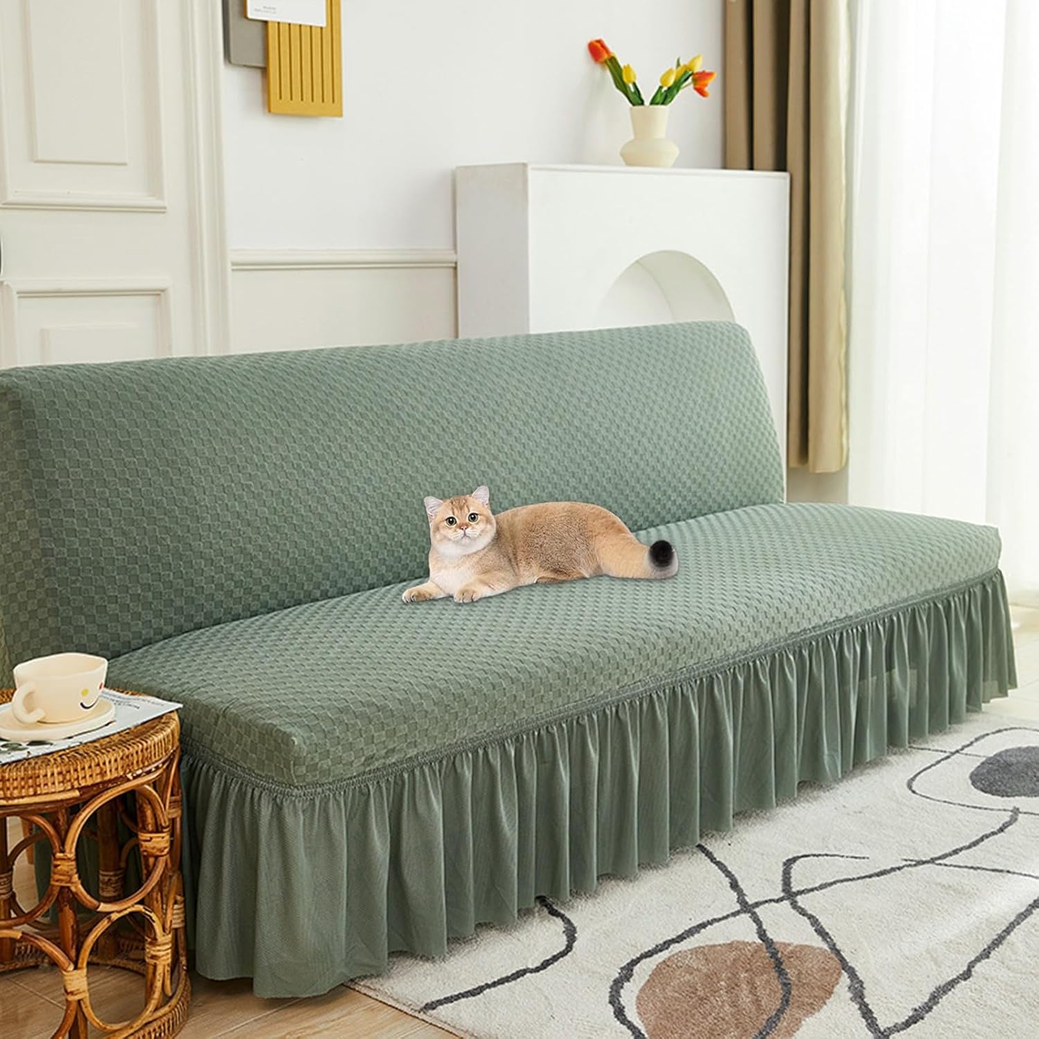 Armless Futon Cover with Skirt Stretch Sofa Bed Slipcover with Elastic Bottom Folding Couch Cover, Machine Washable(Green)