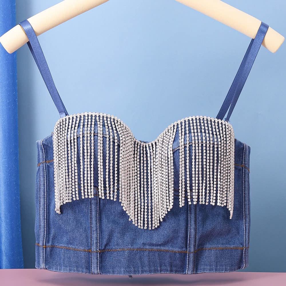 Corpetto Donna,Donna Denim Push Up Bustini Corsetto Glam Diamante Nappa Crop Top Estate Canotta Jean In Difficoltà Spaghatti Straps Bustier Corsetto Top Reggiseno Clubwear Party Corsetto Y2K, S 34B