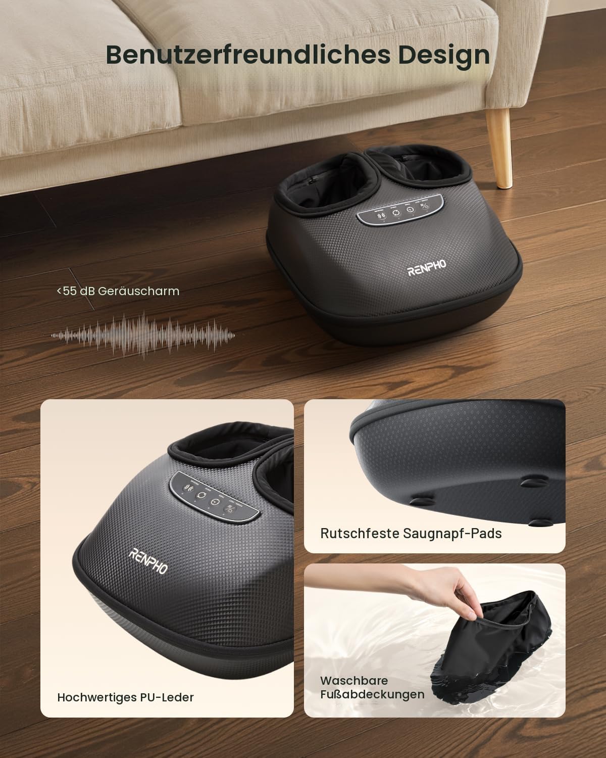 RENPHO Fußmassagegerät mit Wärme 2026 Neu, Shiatsu für ganzen Fuß, Fussmassagegerät Elektrisch Testsieger, 3 Luftdruck und Knetstufen, PU-Leder, Geschenke für Frauen Männer, bis Größe 47, Schwarz