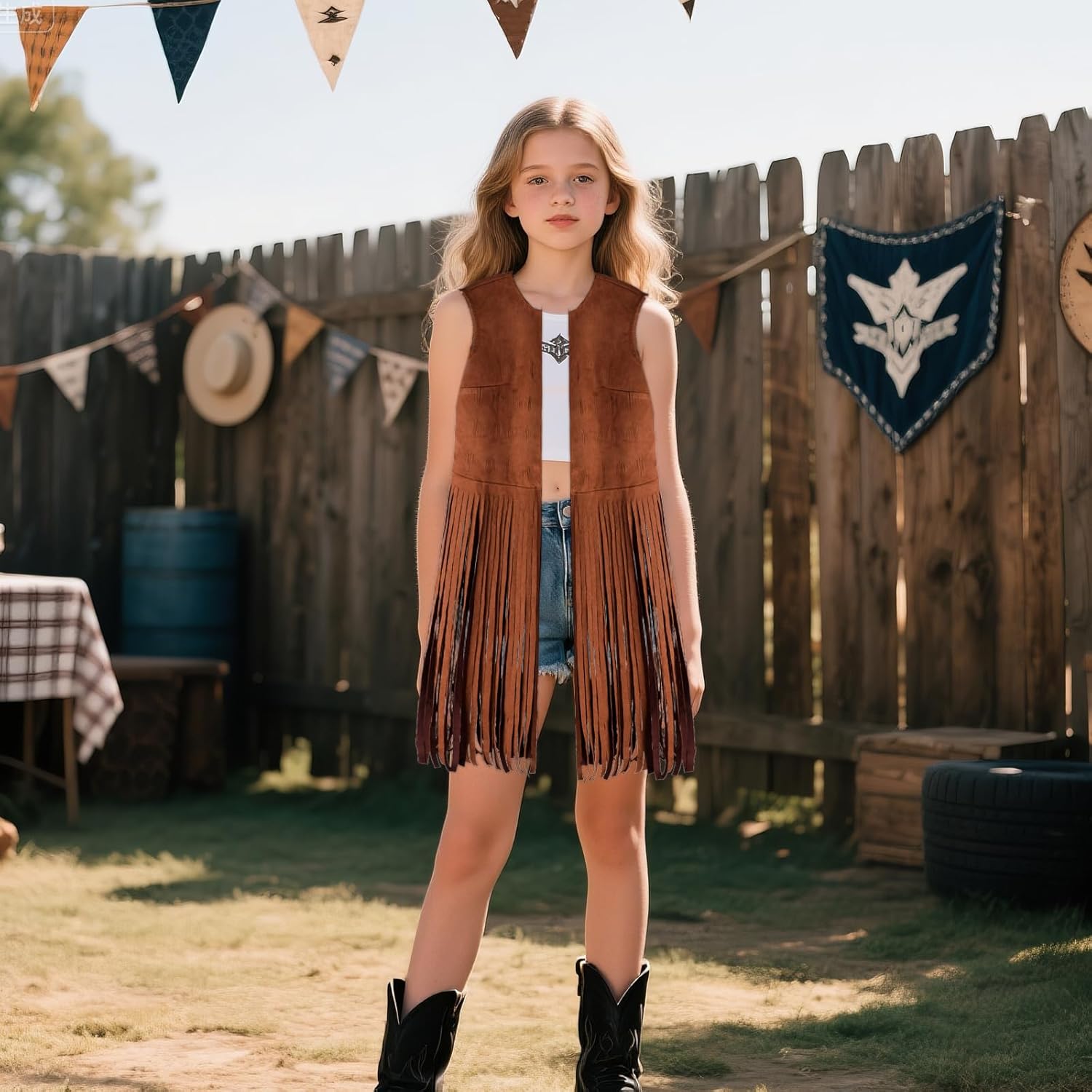 choyaxo Western Fringe Vest Faux Suede Sleeveless Cowgirl Tassel Vest for Halloween Hippie Party - Image 5