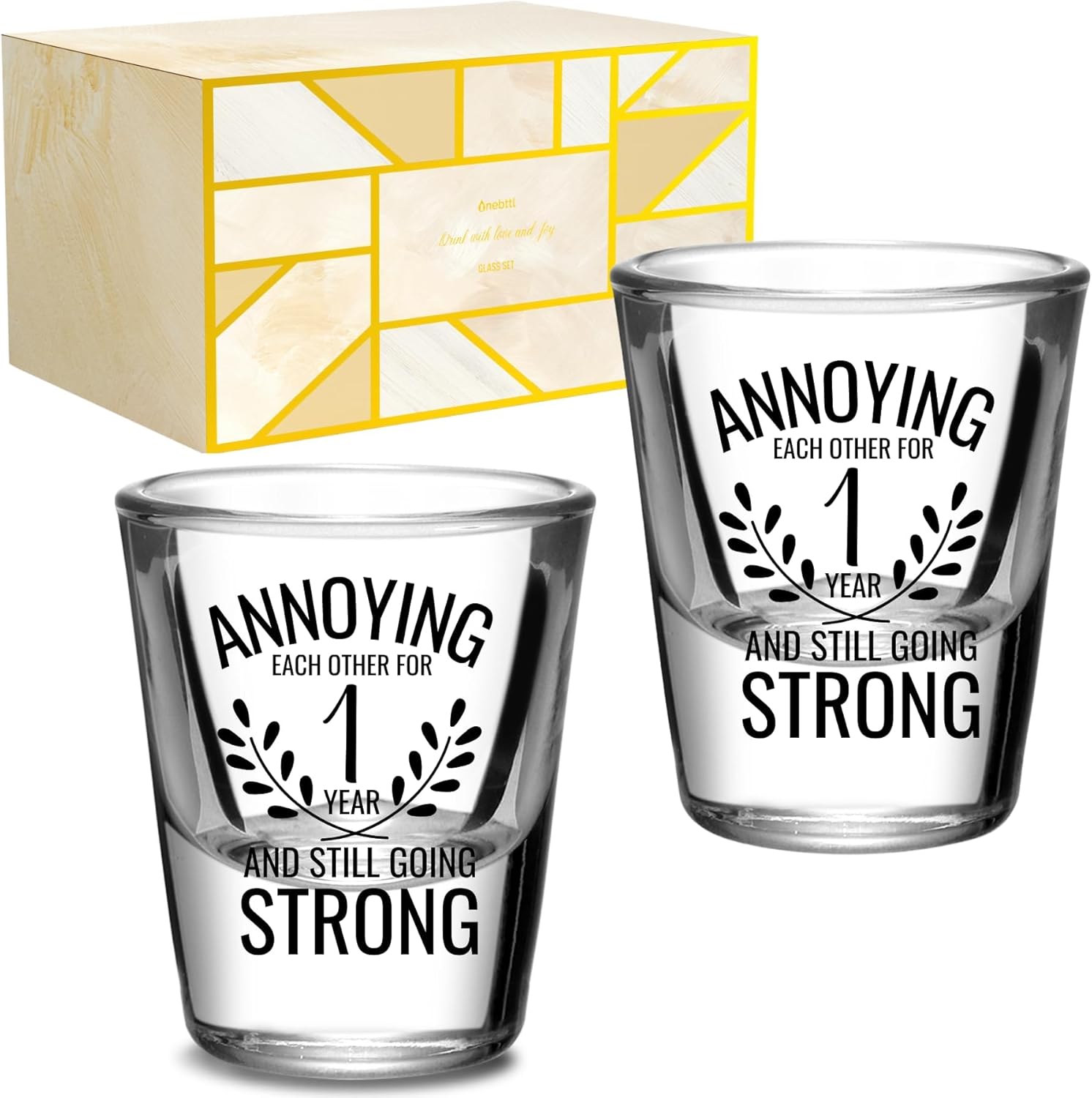 Onebttl Anniversary Cups for Couples, 1 Year Anniversary Funny Gifts for Boyfriend Girlfriend, 1.5 oz (45 ml) Shot Glasses Set of 2 - Annoying Each Other But Still Strong