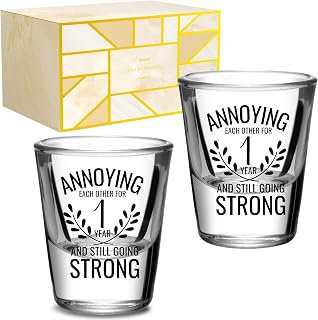 Onebttl Anniversary Cups for Couples, 1 Year Anniversary Funny Gifts for Boyfriend Girlfriend, 1.5 oz (45 ml) Shot Glasses Set of 2 - Annoying Each Other But Still Strong