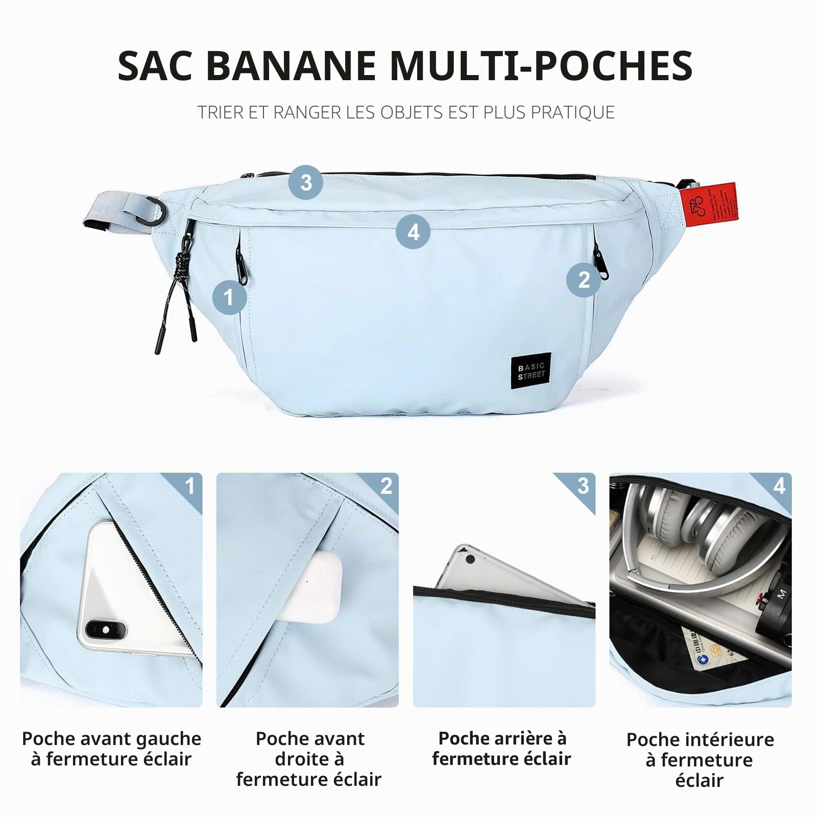 Grand sac banane à bandoulière pour homme et femme, sac banane imperméable avec sangle réglable et 5 poches zippées, bleu ciel, Large