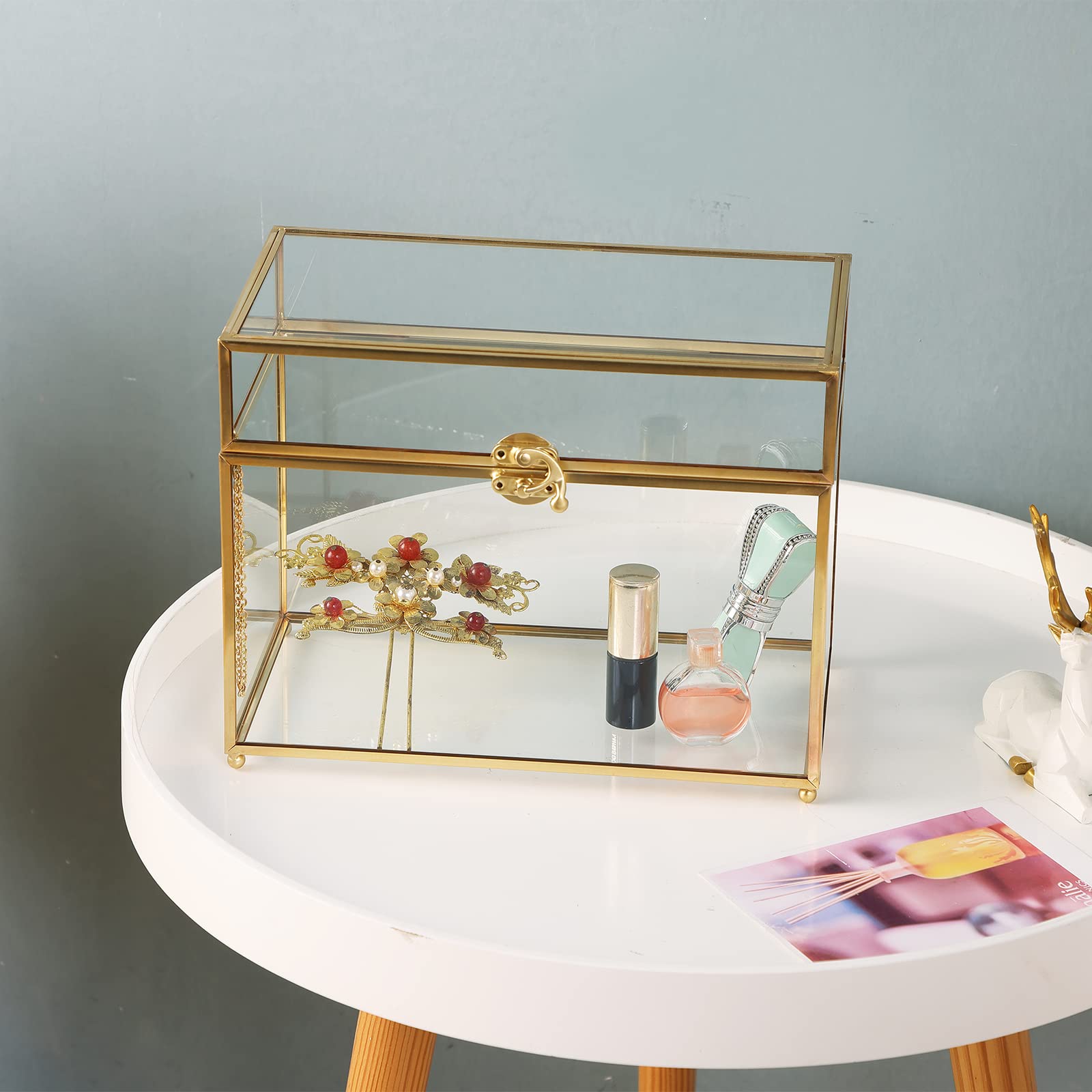 Caja de recuerdo de cristal vintage dorada | Caja para tarjetas de boda, caja de vidrio con tapa decorativa para exhibición, caja rectangular transparente, anillos, pulseras, organizador de 4