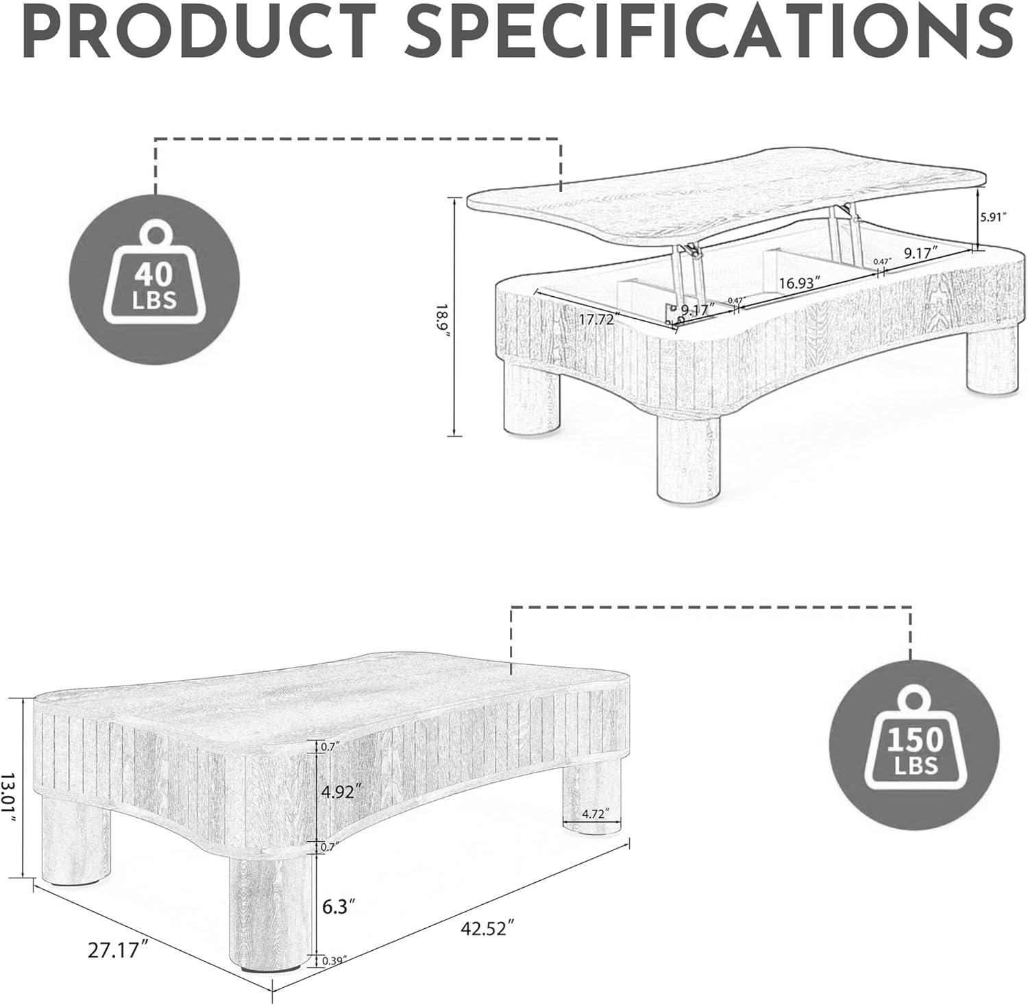 42" Farmhouse Lift Top Coffee Table with Storage, Fluted-Panel Wooden Lift Coffee Table with Spacious Hidden Compartment and Curved Safety Corners for Home Living Room (Walnut)