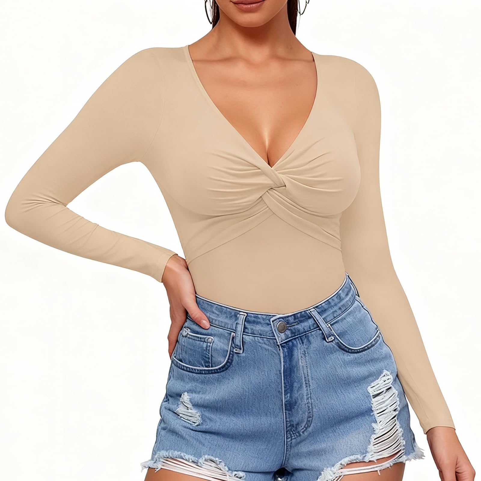 Body Femme Manches Longues Sexy Col V Bodysuit Top Chic Slim Fit Stretch Combinaison Jumpsuit Élégante Couleur Unie Une Pièce Bodys Automne Hiver Justaucorps Haut Top T-shirt