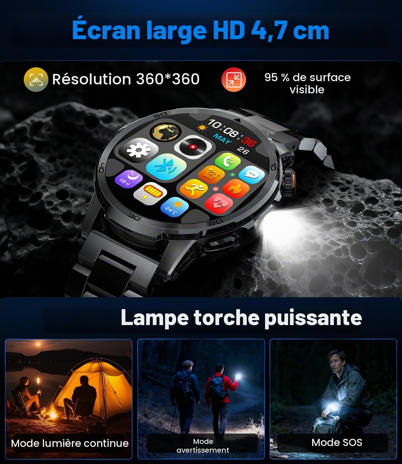 Montre Connectée Homme avec 1000mAh, LED Torche, 1,85" Grande Écran Smartwatch avec Appel Bluetooth, 100+ Sportmodi, IP68 Étanche, Fréquence Cardiaque, Moniteur de Sommeil pour iOS Android