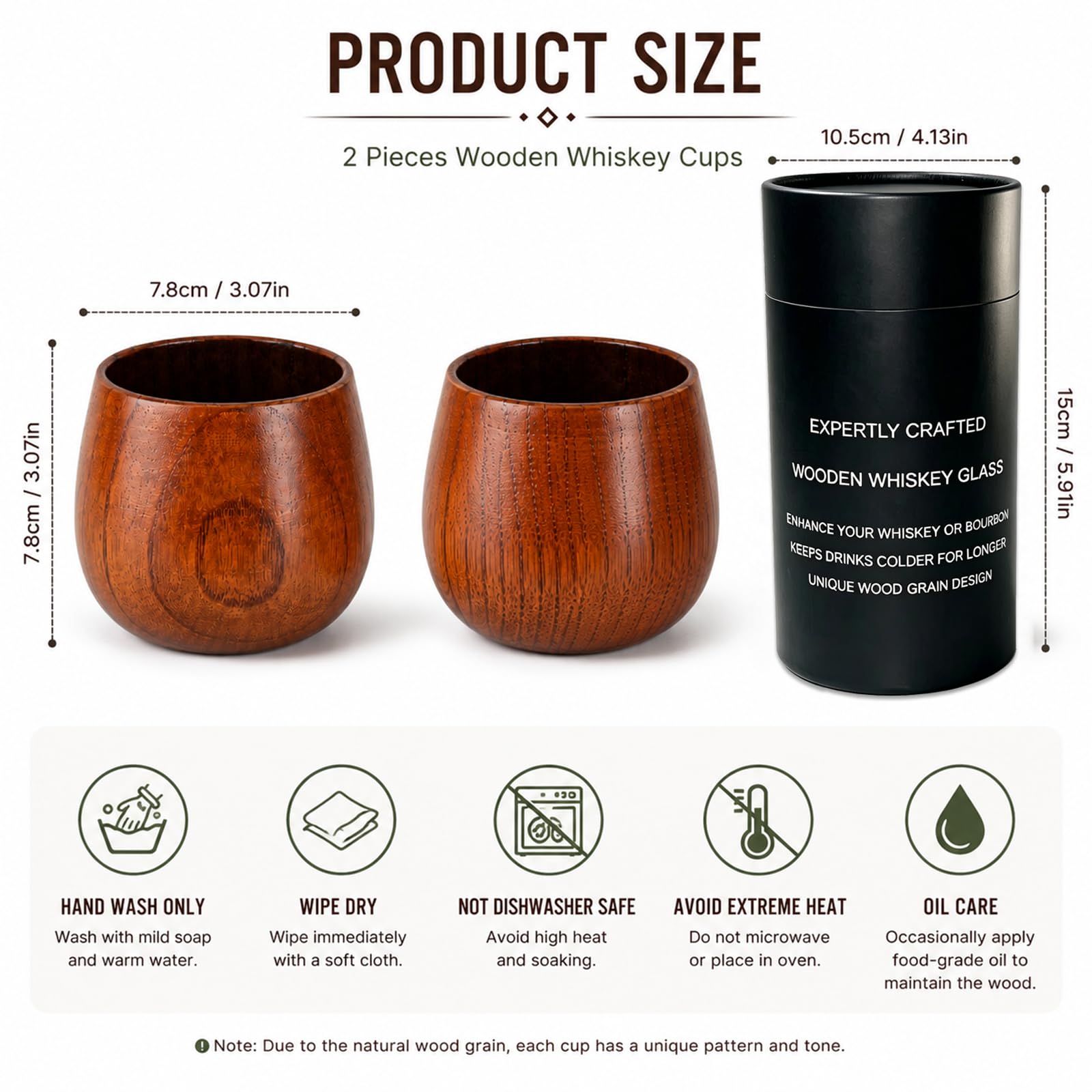 Verre à Whisky en Bois, Lot de 2 Verres à Dégustation Old Fashioned avec Intérieur Carbonisé pour Adoucir le Goût, Verre à Bourbon et Rhum, Design Évasé pour Amplifier les Arômes