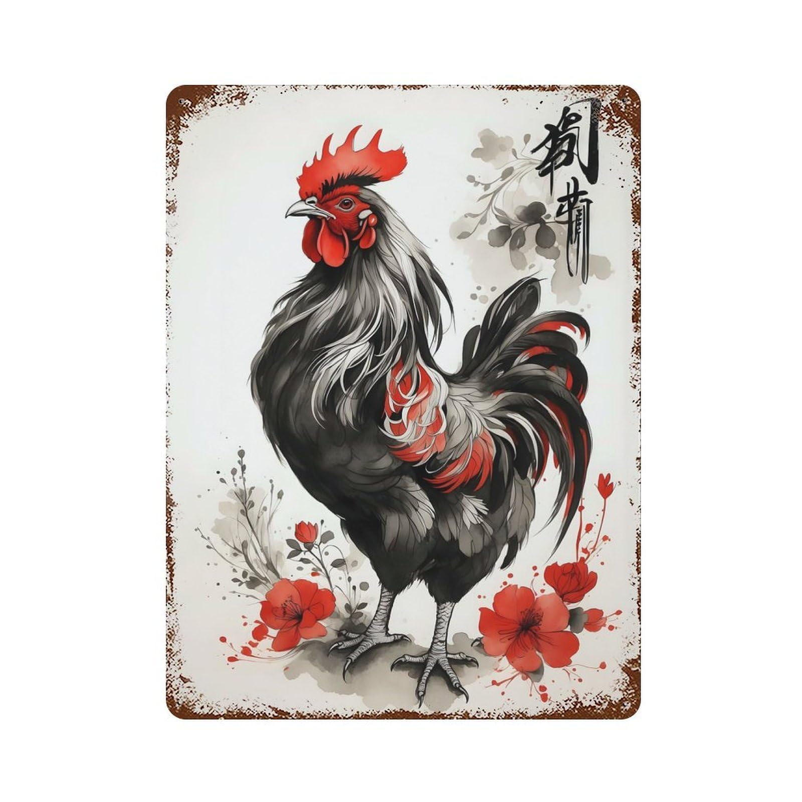 Rooster Chicken Japan Art Rusty Metal Tin Sign 15.7"x11.8", Industrial Home Decor for Garage, Pub Or Kitchen