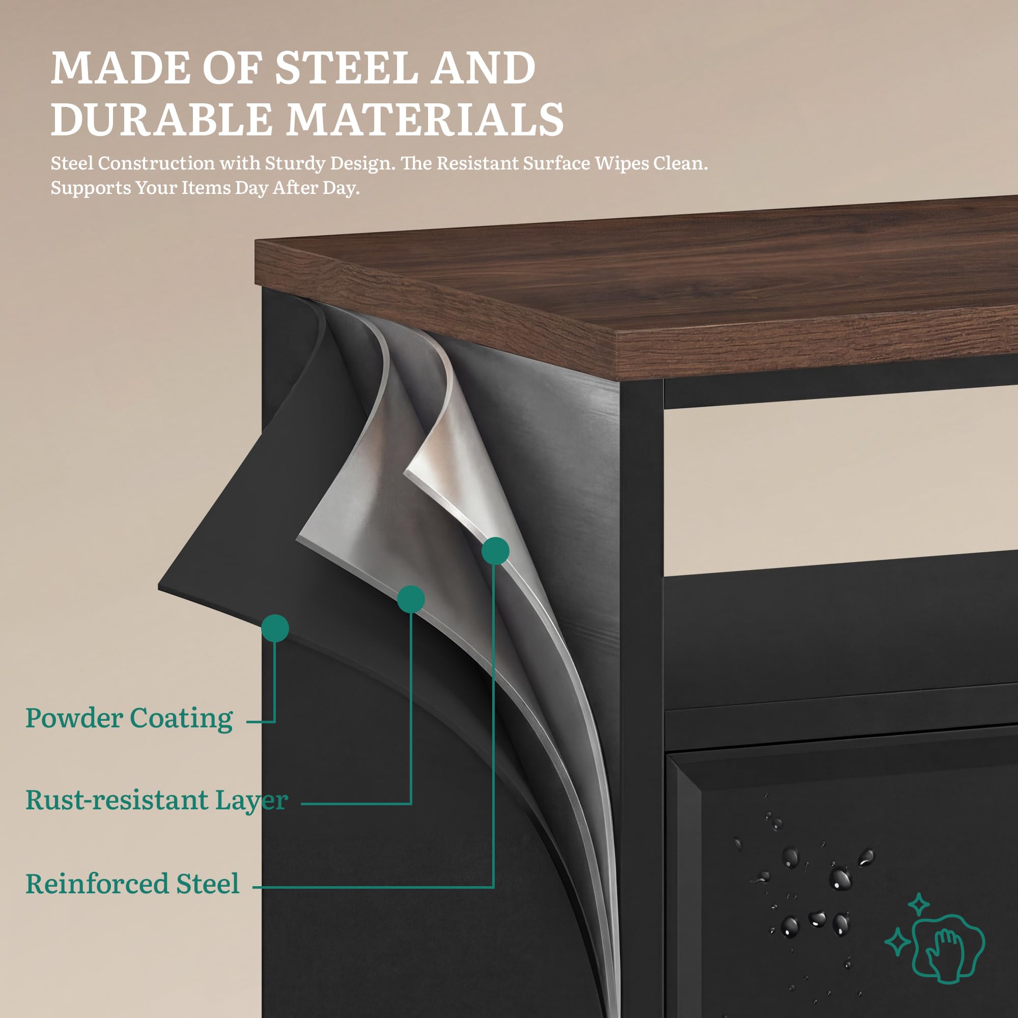 YITAHOME Armadietto in metallo, credenza, con ante simmetriche, chiusura magnetica, ripiani regolabili, telaio in acciaio, 108 x 40 x 75 cm, custodia nera + piano di lavoro in noce