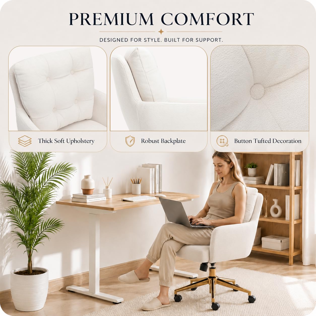 Silla Terciopelo, 360° Silla Giratoria con Respaldo y Reposabrazos, Sillas Escritorio Beige