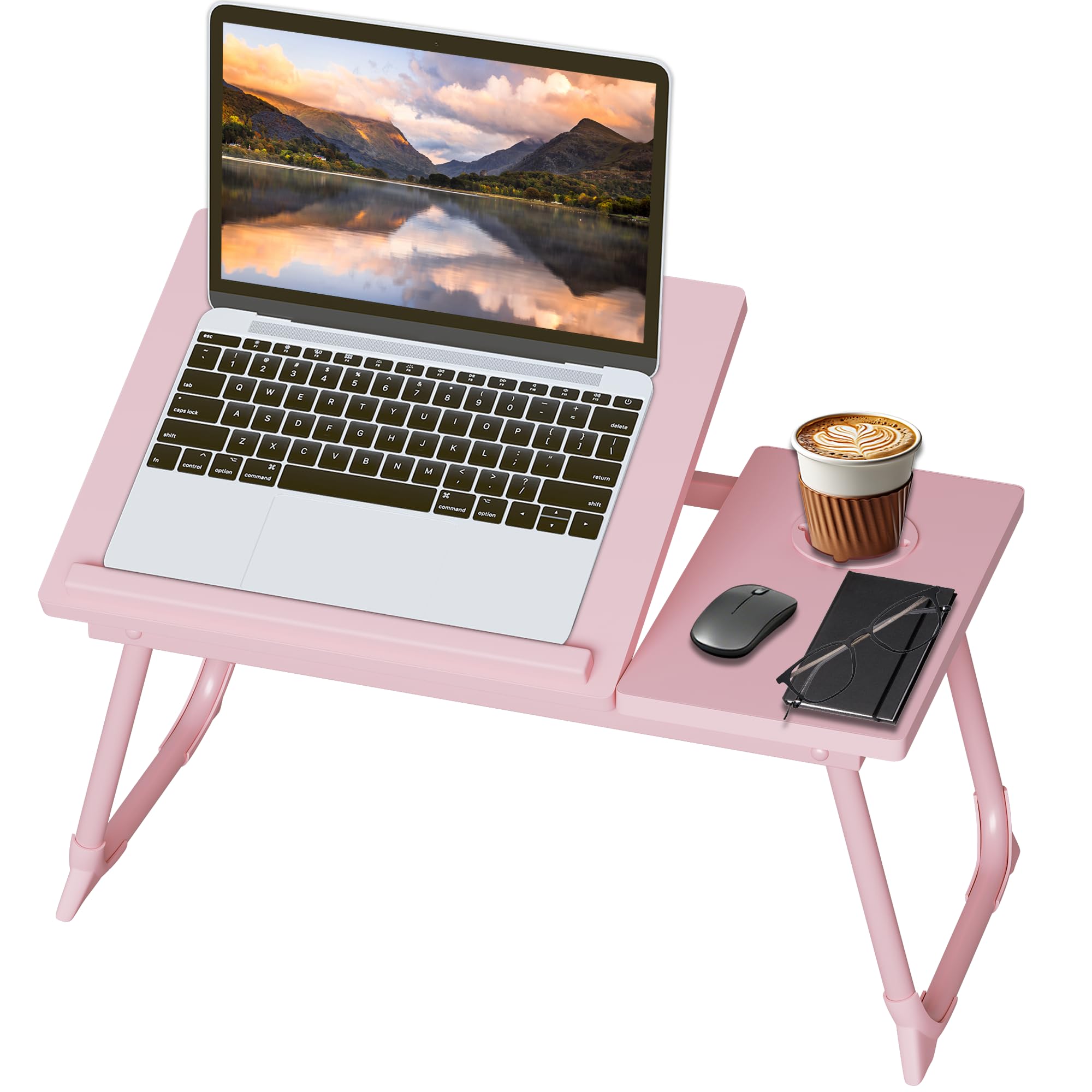 Laptop Desk with Foldable Legs Cup Slot Adjustable Trays Pink