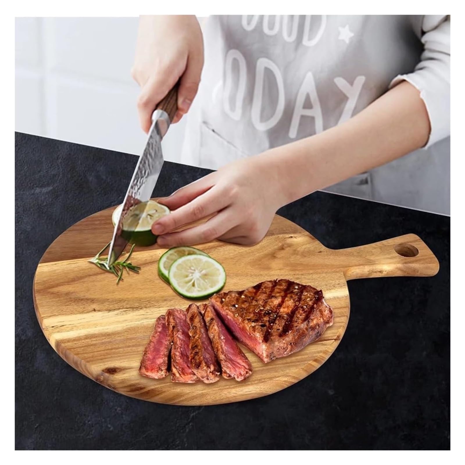 Wooden Chopping Board,Acacia Round Cutting Board with Handle Wooden Chopping Board for Meat Bread Deli Kitchen Serving Board