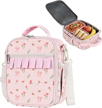 Insulated Lunch Bag for Teen Girl Kid Women with adjustable shoulder strap, Large Lunch Box, Reusable Portable Waterproof Leakproof Lunchbox for School Travel Office Picnic Flower&Bow