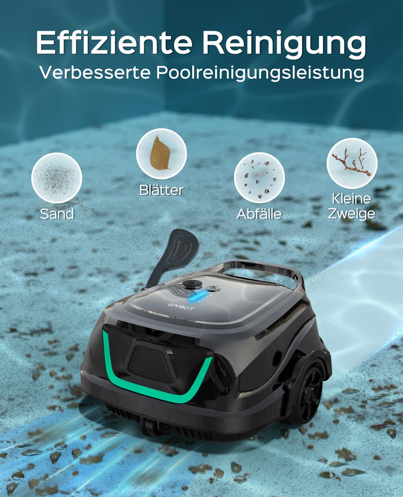 WYBOT A1 Robot Piscina Fuori Terra Intelligente, 120 Minuti Autonomia, Sistema Doppia Turbina, 100㎡ per Famiglie, Esperto Pulizia Fondo Piscina, Verde Grigio Chiaro