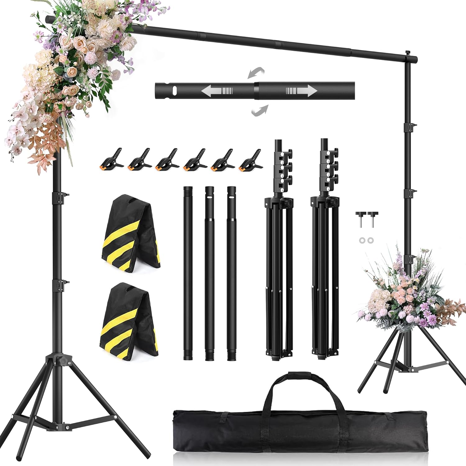 Backdrop Stand 10 x 8 FT for Photography Studio, Telescopic Adjustable Background Stand for Parties, Photoshoot Backdrop Stand with Spring Clamps, Sandbags, Carry Bag 10x8 ft Black