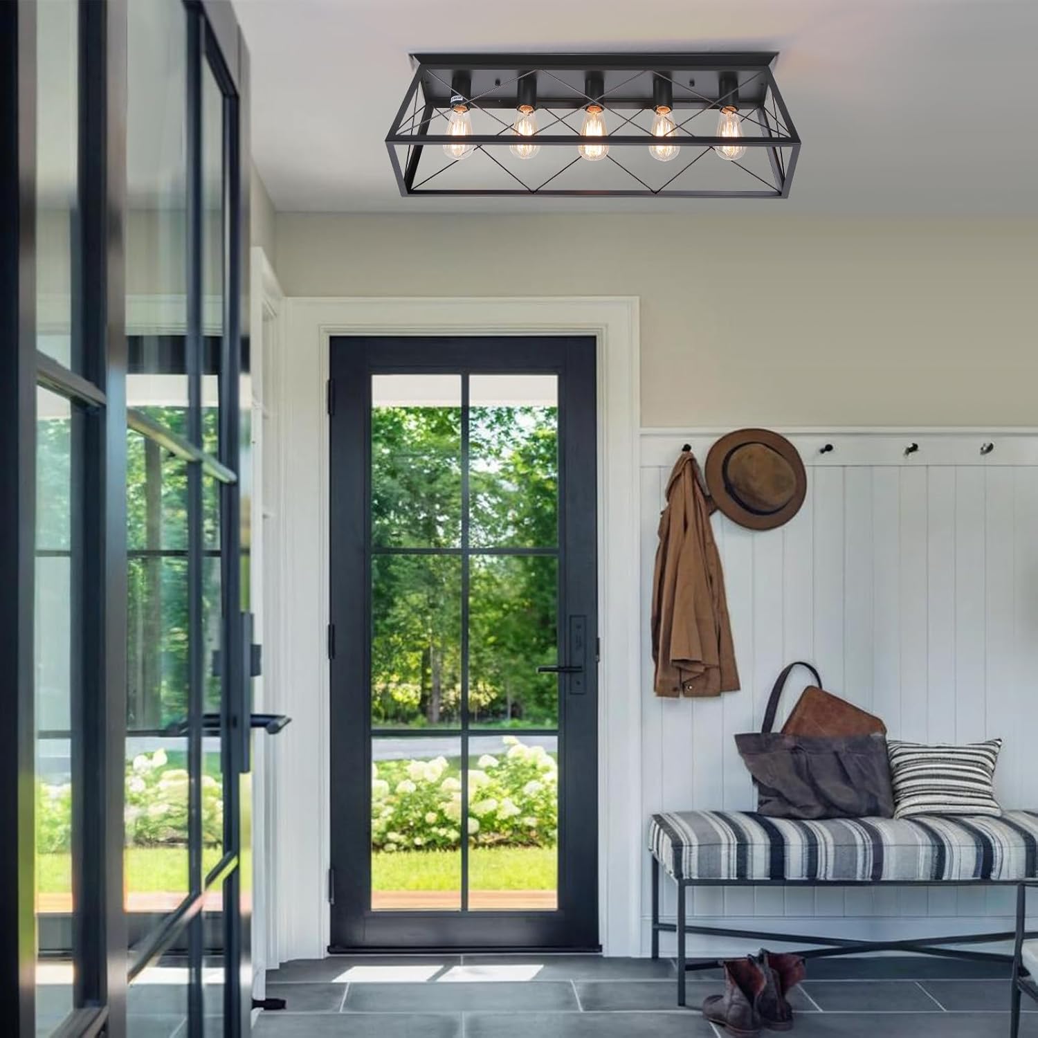 31.5 Inch Black Large Flush Mount Ceiling Light Fixture, Rustic Vintage Industrial Farmhouse 5-Light Chandelier, Dimmable Close to Ceiling Fixture for Kitchen Island Dining Room Living Room