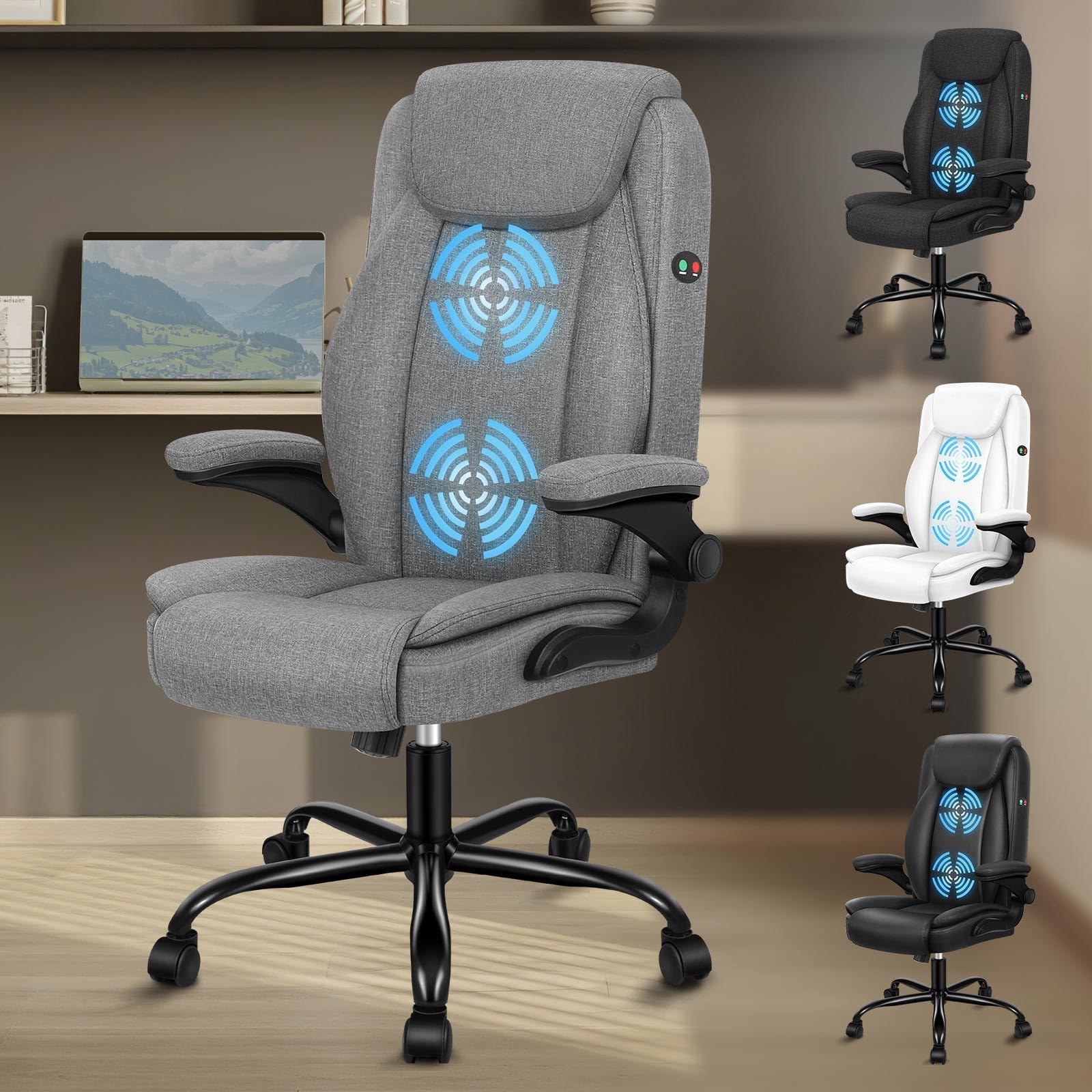 ALFORDSON Ergonomiczne krzesło biurowe z masażem, krzesło biurowe wykonawcze z wysokim oparciem, składane podłokietniki, funkcja przechylenia, do recepcji, domu, komputera, gabinetu, tkaniny lnianej