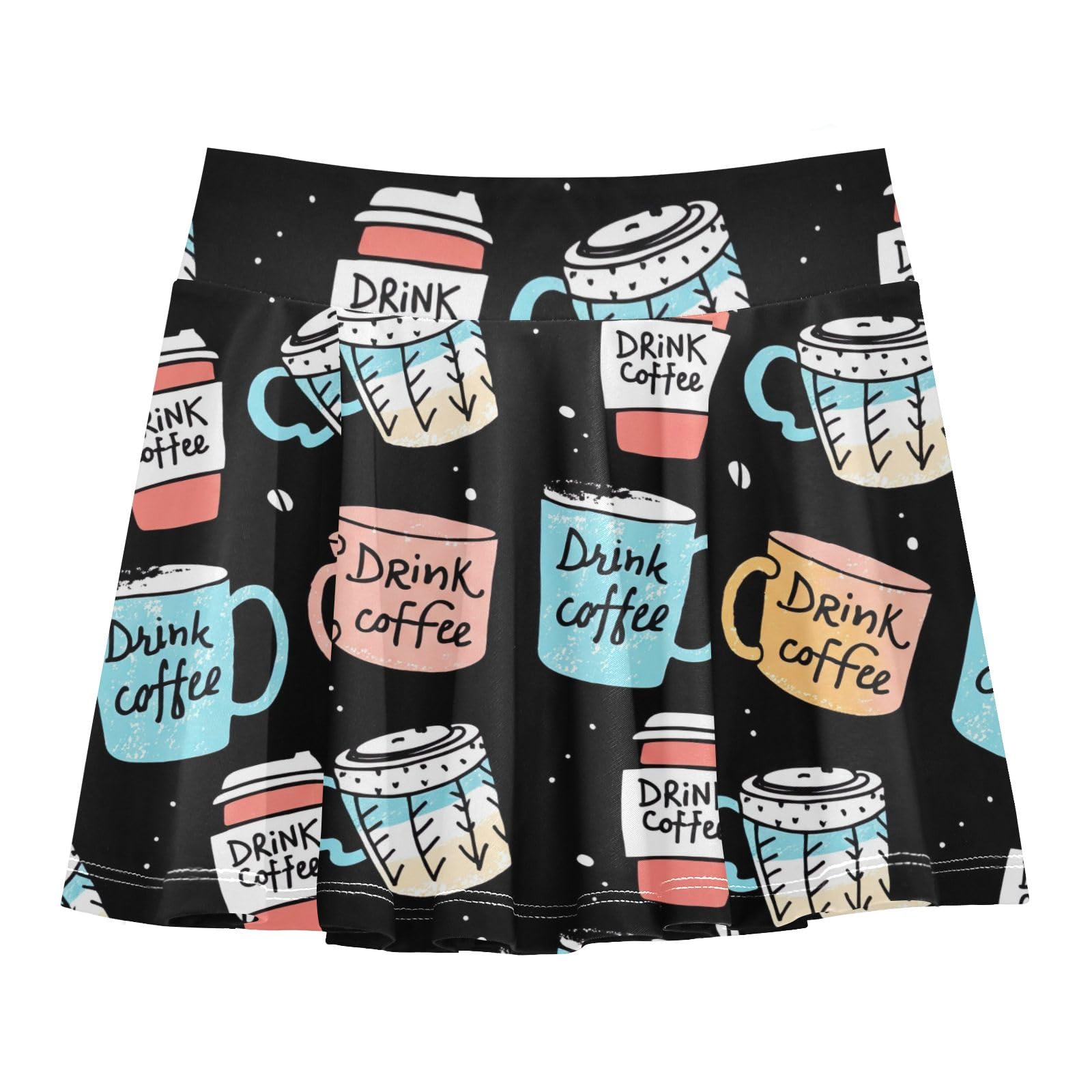 CHIFIGNO Girls' Skort High Waisted Athletic Skirt with Shorts Pleated Tennis Dance Skorts Cute Coffee Cups Black 3-4T